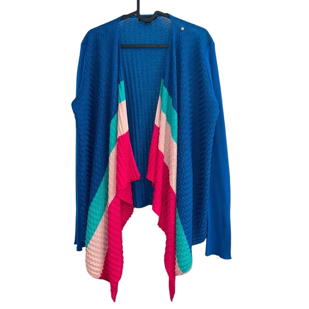 NEW Diesel Draped Colorblock Textured Knit Open Front Flowy Blue Cardigan top L